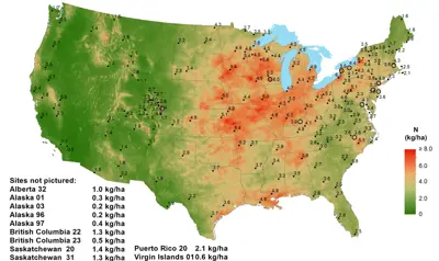 Inorganic nitrogen deposition map of the USA from NADP