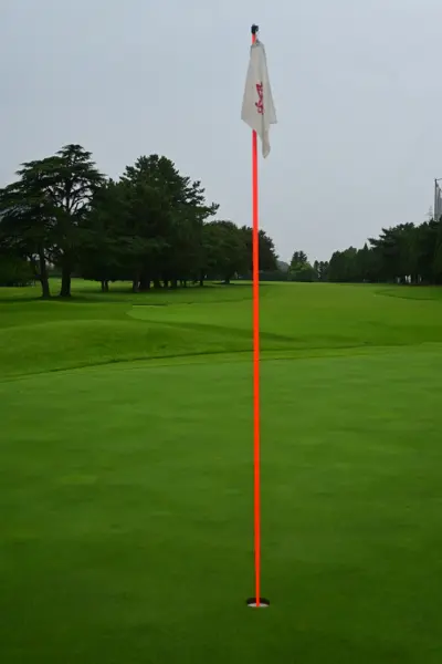 orange flagstick on a golf course in Japan