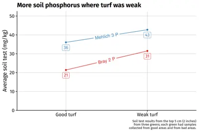 Soil phosphorus was higher where turf was weak