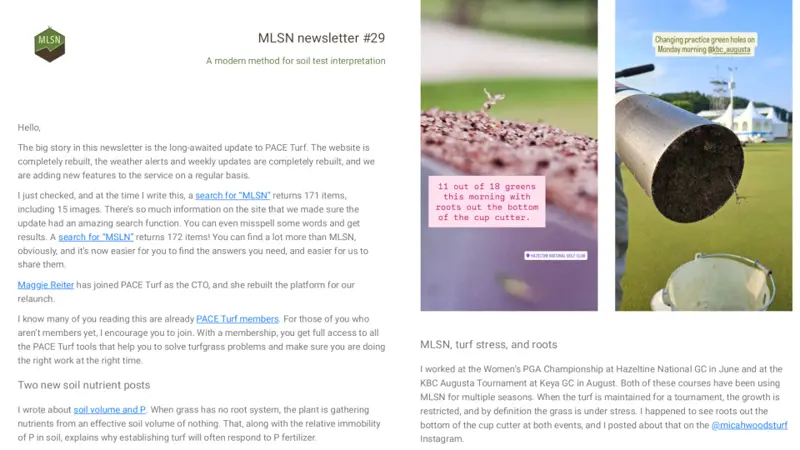 excerpts from the 29th MLSN newsletter including photos of turf roots when fertilized using MLSN